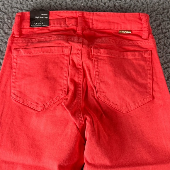 TRACTR MONA Bright Orange Coral High Rise Stretch Cut Off Crop Jeans Sz 0/25 NWT - Picture 4 of 11